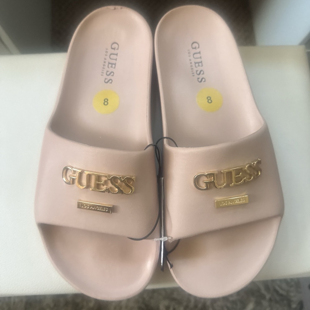 Guess Pink Sandals with Gold Logo and Single Strap